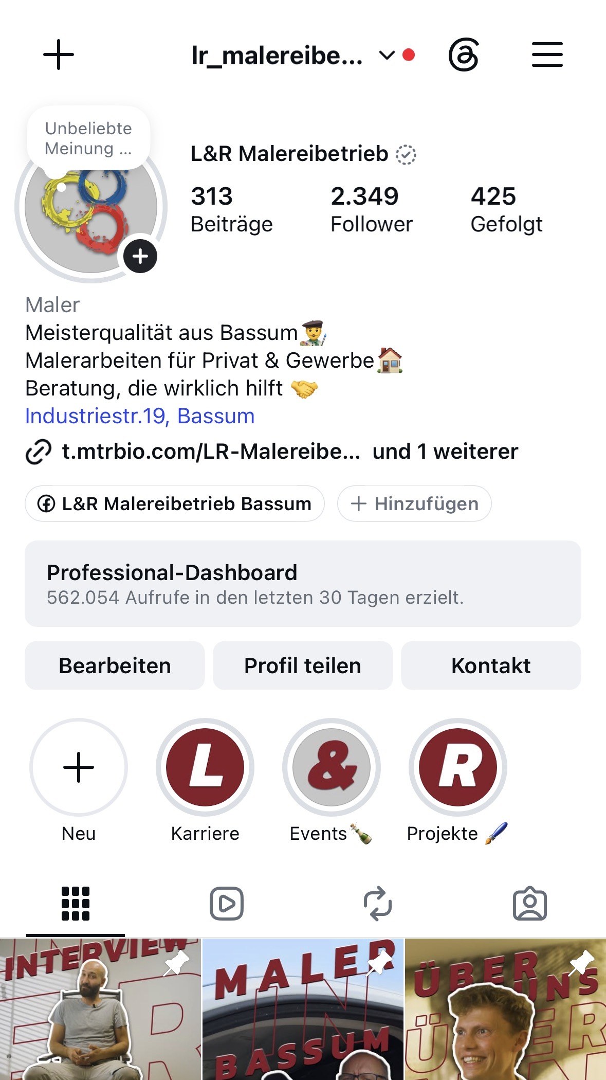 Instagram-Profil L&R Malereibetrieb heute – 2.349 Follower und 562.054 Aufrufe in 30 Tagen
